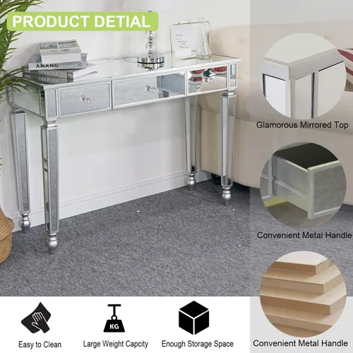 Vista 3 de Mesa de consola espejada, mesa de tocador de maquillaje con espejo de vidrio plateado para mujer, escritorio de escritura para el hogar, sala
