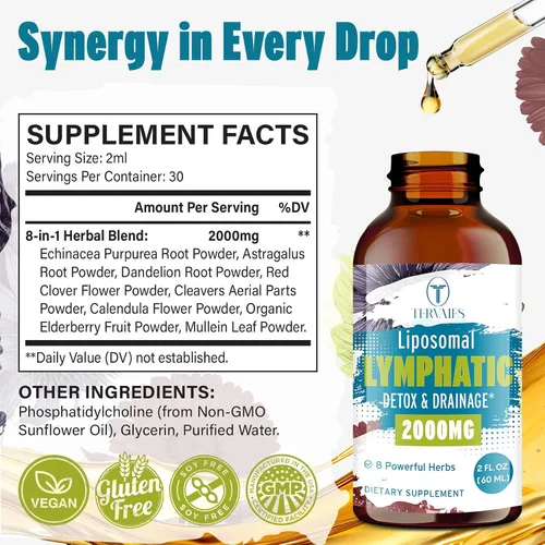 Vista 3 de Gotas de desintoxicación linfática liposomal y drenaje - Mezcla de hierbas de 2000 mg con saúco y equinácea - Apoya el drenaje linfático, el sistema