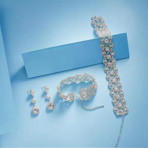 Vista 4 de Paxuan Gargantilla de boda con diamantes de imitación para mujer, collar y aretes, pulsera, cristal