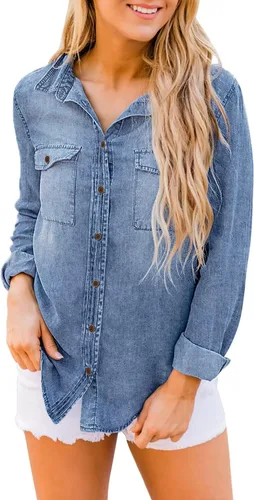 Vista 3 de luvamia Camisa vaquera de chambray para mujer, camisas occidentales de manga larga con botones