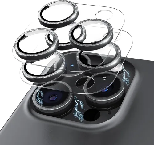 Vista 26 de Protector de lente de cámara con purpurina para iPhone 15 Pro/iPhone 15 Pro Max, acrílico transparente más anillo de aleación de aluminio 9H