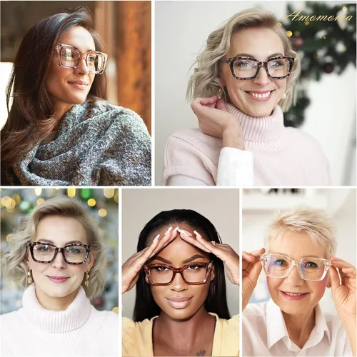 Vista 2 de AMOMOMA Anteojos de lectura cuadrados de gran tamaño retro para mujeres y hombres, luz azul, para computadora, gruesos, para mujer, bisagra