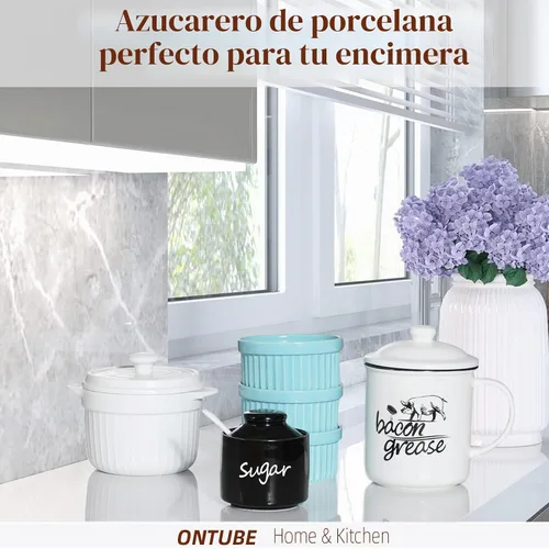 Vista 5 de ONTUBE Azucarero de cerámica con tapa y cuchara, tarro de azúcar de porcelana, 8oz (Negro) Porcelain, 8oz, white, lid & spoon, airtight