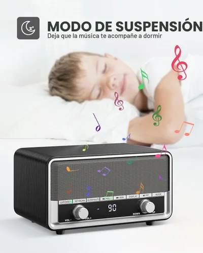 Vista 6 de Radio Bluetooth AM FM de madera retro con pantalla de tiempo