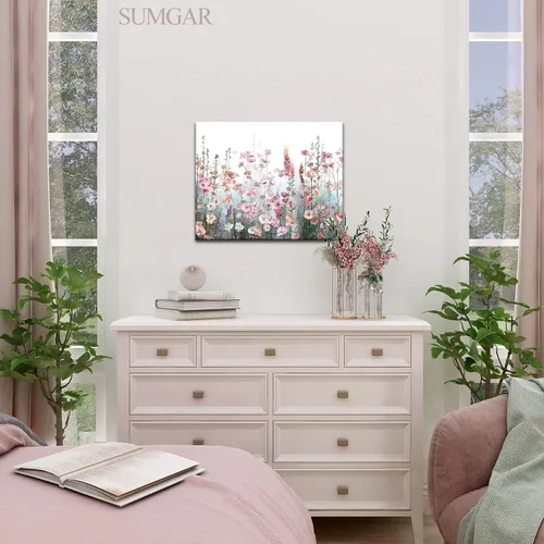 Vista 2 de SUMGAR Kit de pintura enmarcada por números para adultos flores, kit de pintura de lienzo de flores silvestres rosas con marco, pintura acrílica