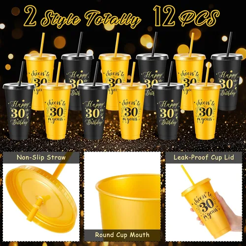 Vista 3 de Uiifan 12 vasos de plástico de plástico con tapa y popote de 24 onzas para cumpleaños, cumpleaños, bodas, aniversarios, decoración (30º)