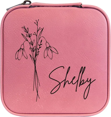 Vista 20 de Joyero de flores de nacimiento personalizado Estuche de viaje (cuero crudo, abril - guisante dulce)
