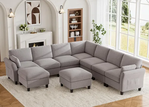 Vista 12 de Legend Vansen Sofá modular seccional, cómodo sofá modular en forma de U de 6 asientos con espacio de almacenamiento y diván, sofás seccionales Crema