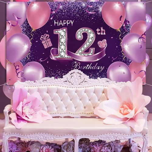 Vista 5 de Decoraciones de fiesta de cumpleaños, pancarta grande de tela de feliz 12 aniversario, fondo de cabina de fotos rosa y morado con cuerda para fiesta