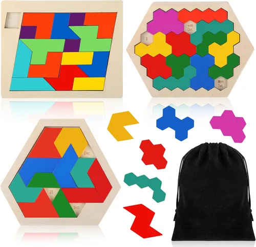 Vista 12 de Yunsailing Paquete de 3 rompecabezas grandes de madera hexagonal Tangram rompecabezas de madera rusa para adultos desafío teasers geométrico, lógica
