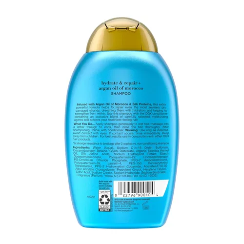 Vista 9 de OGX Champú de fuerza extra hidratante y reparación + aceite de argán de Marruecos para cabello seco y dañado, aceite de argán prensado en frío