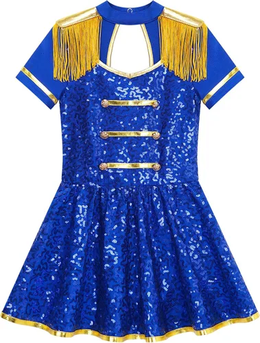 Vista 5 de MSemis Disfraz de Majorette de lentejuelas para niñas, con borlas, gorra de línea A, vestido de uniforme de maestro de anillos real