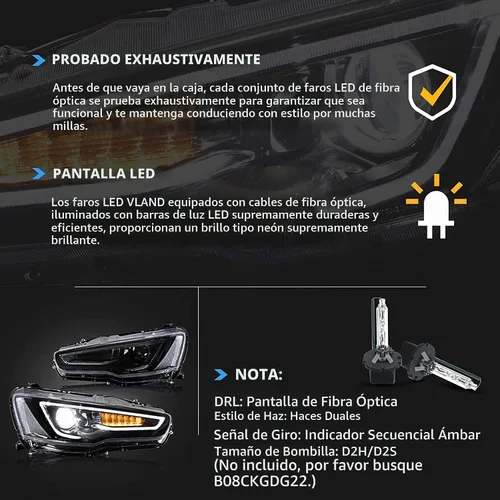 Vista 7 de VLAND Faros LED Compatibles con Mitsubishi Lancer & EVO X 2008-2020 Conjunto de lámpara delantera con proyector con lente ahumada con secuencial