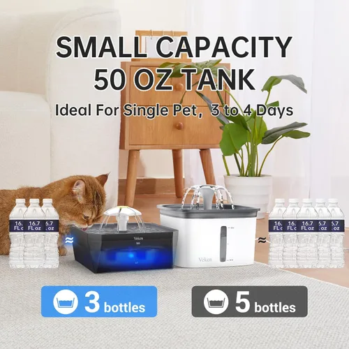 Vista 4 de Veken Fuente de agua para gatos pequeña apta para mascotas con bomba silenciosa, fácil de limpiar y montar, mini dispensador de agua para mascotas