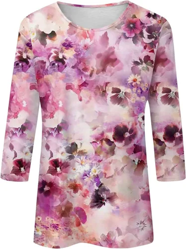 Vista 93 de Camisetas personalizadas para mujer, a la moda, casual, de séptima manga, estampada, cuello redondo, camiseta