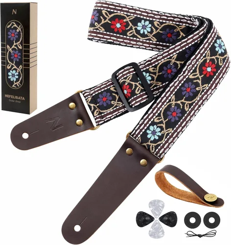 Vista 40 de Nefelibata Correa de guitarra, correas de guitarra de algodón bordadas con extremos de cuero de vaca para bajo, guitarras eléctricas y acústicas