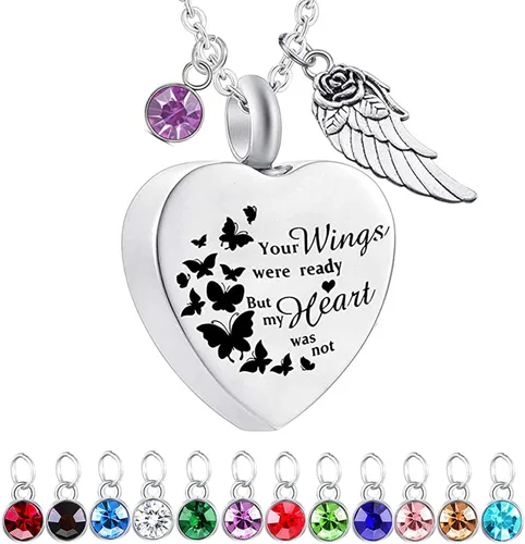 Vista 14 de Dios te tiene en sus brazos con dije de ala de ángel para cenizas de cremación, collar de urna conmemorativa con cristal de piedra natal Abril