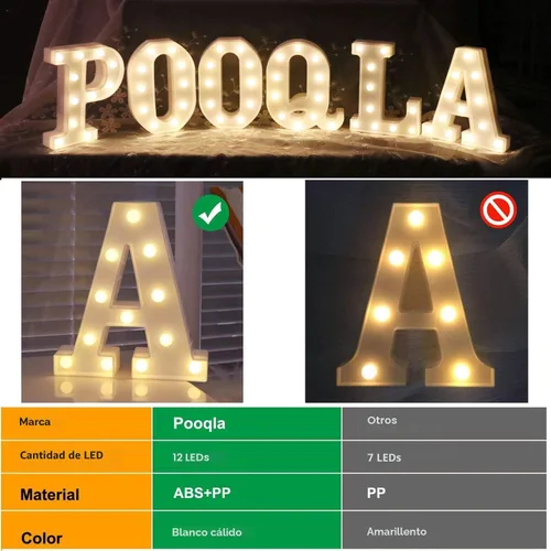 Vista 7 de Pooqla - Anuncio de letras del alfabeto con luces LED para decoración de bodas, cumpleaños, fiestas, Navidad, hogar, bar
