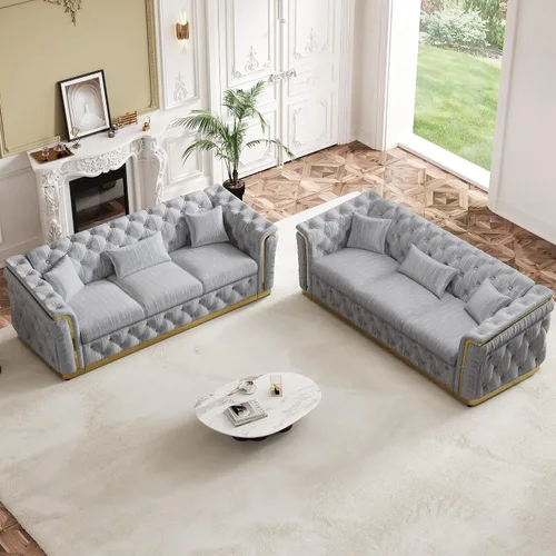 Vista 30 de Sofá Chesterfield de terciopelo de 62.5 pulgadas con respaldo copetudo y detalles dorados, beige Blanco