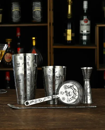 Vista 3 de Juego de coctelera – Kit de accesorios de barra de 5 piezas con agitador Boston pesado, colador, jigger, cuchara mezcladora con patrón de rosa