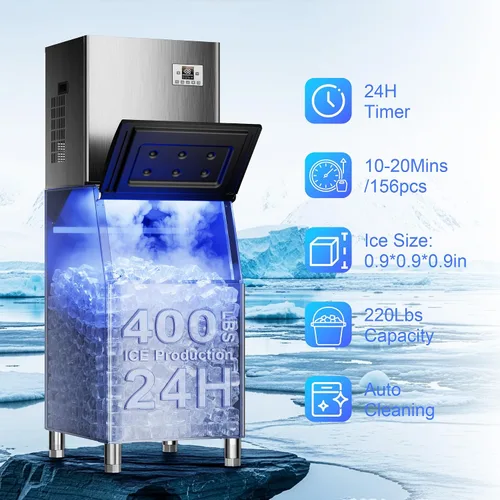 Vista 4 de Máquina comercial para hacer hielo de 450 libras/24 horas, 250 libras de almacenamiento grande dividida para negocios, 156 cubos en 7-15 minutos