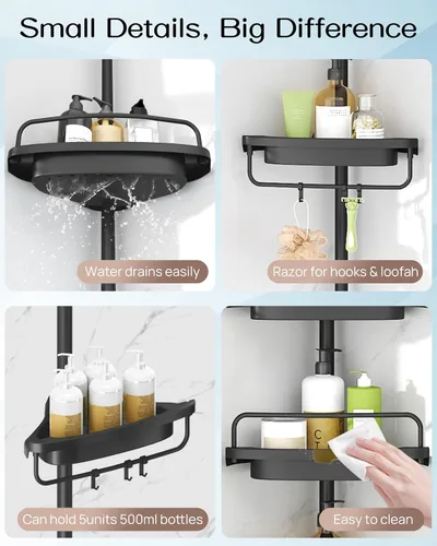 Vista 6 de ALLZONE Estantería esquinera para ducha con poste de tensión, poste extensible de acero inoxidable resistente a la oxidación y estantes ajustables