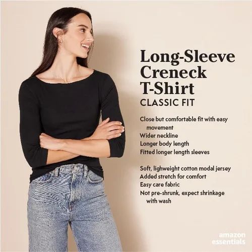 Vista 2 de Tienda Essentials - Camiseta de manga larga y con cuello redondo para mujer, corte clásico (disponible en talla extragrande)