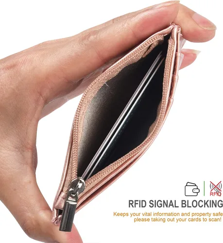 Vista 5 de Teskyer - Cartera minimalista delgada, soporte para tarjetas de crédito con bloqueo RFID, compartimento frontal de piel para documentos