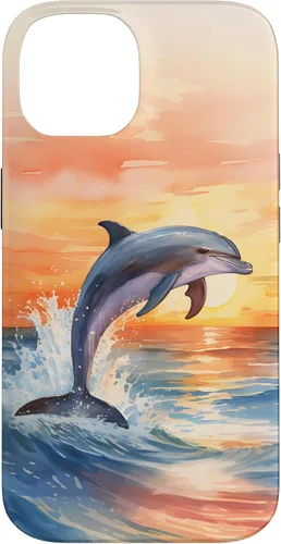 Vista 4 de Dolphin Jumping Sunset Over Ocean Watercolor Art Case for iPhone 17