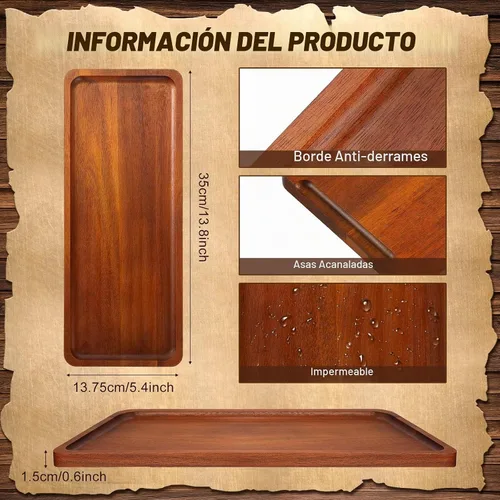 Vista 2 de Marsui - Paquete de 10 bandejas rectangulares de madera maciza, acacia Tablas de madera para exhibición de alimentos, mango ranurado, plato