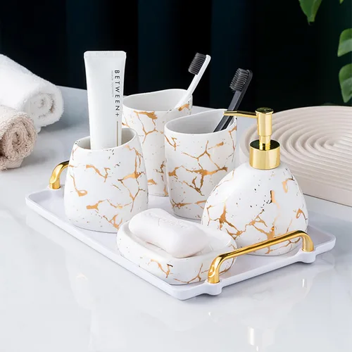 Vista 9 de Juego de accesorios de baño blancos, decoración moderna de baño de encimera, juego de accesorios de baño de lujo de 6 piezas, completo con Animal