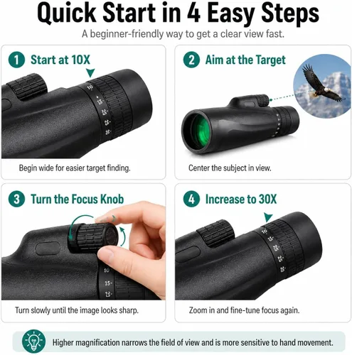 Vista 9 de Telescopio monocular con zoom HD 10-30x52 para adultos