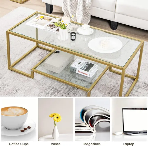 Vista 8 de Tangkula Mesa auxiliar rectangular de vidrio, mesa central de vidrio templado moderna de 45 pulgadas de ancho con marco de acero dorado, mesa