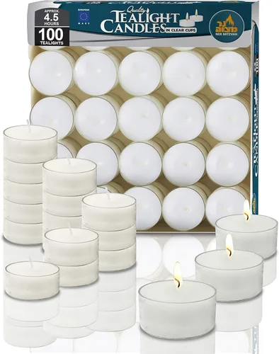 Vista 9 de Ner Mitzvah Velas de té – Paquete de 50 velas a granel – Velas blancas sin perfume en taza transparente – Larga combustión – 4.5 horas