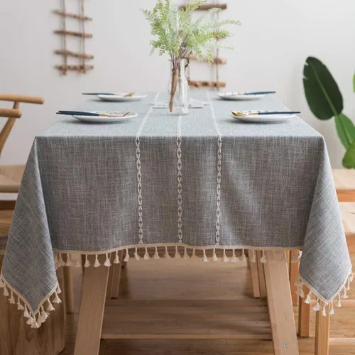 Vista 9 de Pahajim Mantel Rectangular a Rayas con Borlas Mantel Grueso de Lino y Algodón para Picnic al Aire Libre, Comedor y Decoración de Cocina para Fiestas