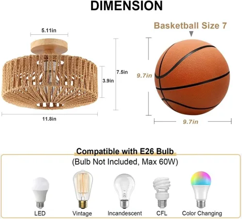 Vista 6 de Lámpara de Techo de Ratán Boho - Mini Candelabro de Montaje Empotrado Accesorio de Luz Tejido para Dormitorio, Pasillo, Entrada, Baño, Guardería
