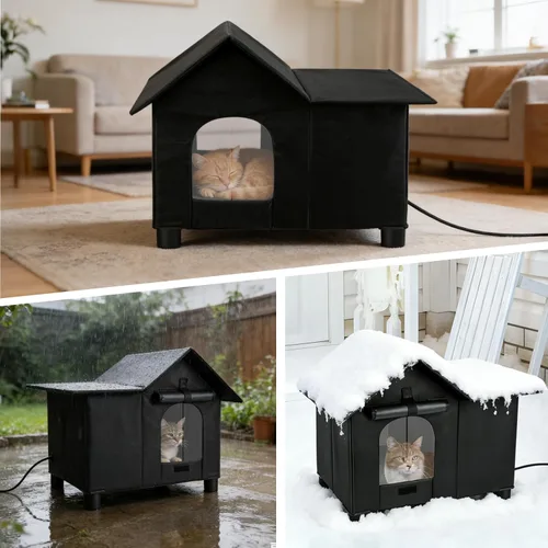 Vista 7 de Casa grande con calefacción para gatos para exteriores, casa elevada para gatos climatizada al aire libre, resistente a la intemperie, refugio
