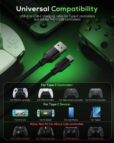 Vista 3 de MENEEA Cable de carga de 16.4 pies para PS5PS5 ProXbox Series XS Controllerpara Switch Pro, cable de carga USB de repuesto, nailon trenzado tipo C