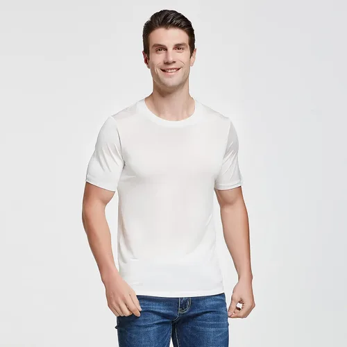 Vista 8 de Viamulion Camiseta de punto de seda para hombre, 100% seda de morera pura, suave y fresca, cuello redondo, camiseta interior casual