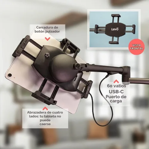 Vista 3 de Levo Soporte de tableta rodante comercial G2, carro médico de carga USB-C