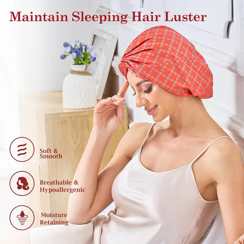 Vista 51 de Gorro de satén de seda ajustable para envolver el cabello para dormir, gorro de dormir de doble capa, turbante nocturno para cabello largo y rizado