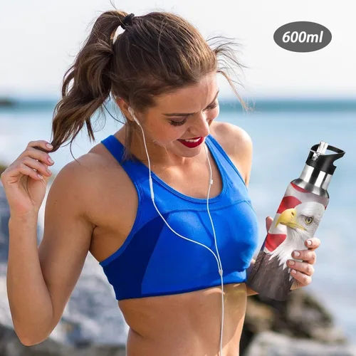 Vista 6 de Bald Eagle - Botella de agua con la bandera estadounidense para niños, termo con tapa con pajilla, termo de acero inoxidable aislado a prueba