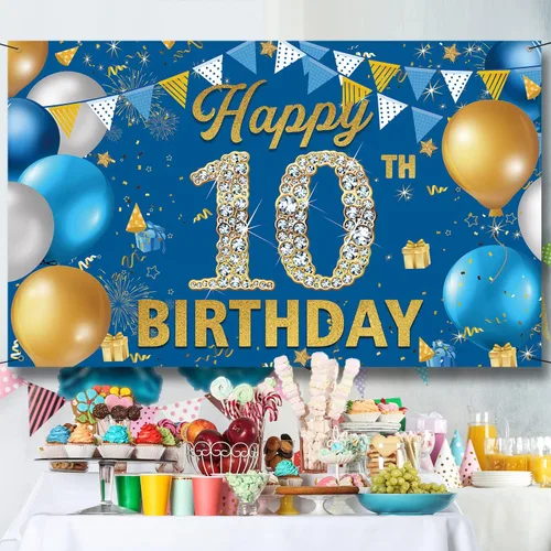 Vista 4 de Cartel de fondo de decoración de cumpleaños número 10, decoración de feliz cumpleaños 10 para niños, fondo de fotografía de cumpleaños azul, cartel