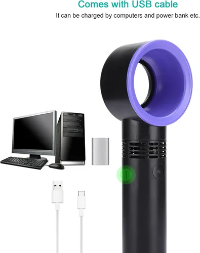 Vista 2 de Mini ventilador de mano sin aspas, mini ventilador de escritorio USB portátil, 3 velocidades, funciona con batería recargable por USB, reduce