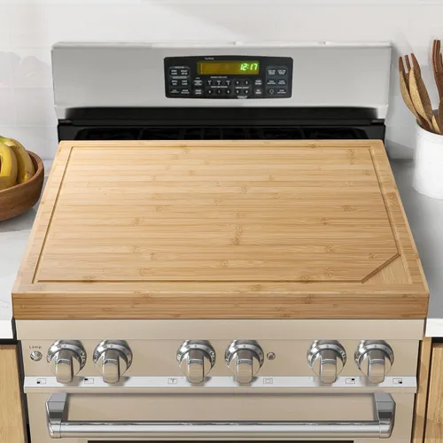 Vista 8 de Tabla de cortar de bambú de 36 x 24 pulgadas, bloque de carnicero extragrande 4XL con ranura para jugo y mango antideslizantes, cubierta de estufa