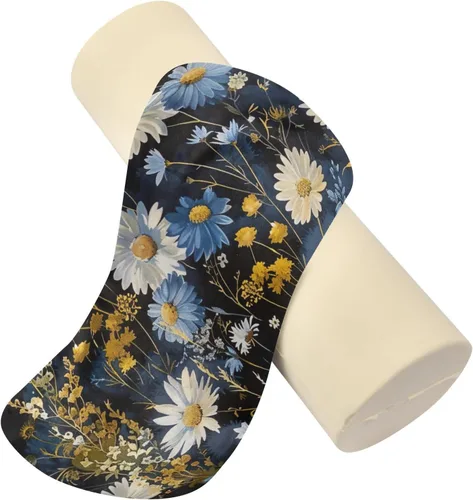 Vista 2 de Blue White Flowers Neck Pillow for Sleeping, Cervical Roll Memory Foam Pillows for Neck Pain Relief, Neck Support Round Pillows with Washable Cover
