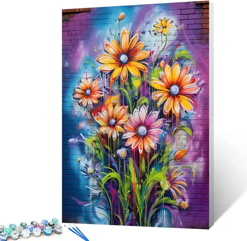 Vista 10 de Kit de pintura por números de flores amarillas tropicales, 16 x 20 pulgadas, grafiti, girasoles, pintura colorida para garabatos, lienzo de pintura