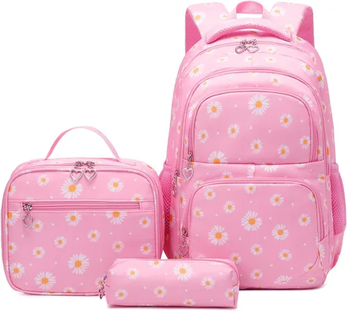 Vista 11 de 3 piezas de mochila con estampado de margaritas para niños, mochila de escuela primaria, mochila para estudiantes de primaria, mochila para Negro