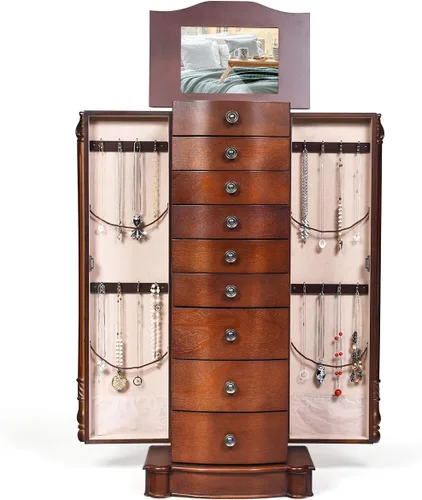 Vista 8 de GOFLAME Armario de joyería con espejo abatible superior, organizador de almacenamiento de joyas con 2 puertas laterales, 8 cajones, joyero (nogal)