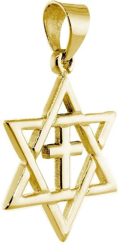 Vista 2 de Estrella mesiánica de David grande con dije de cruz en oro amarillo de 14 k, Metal